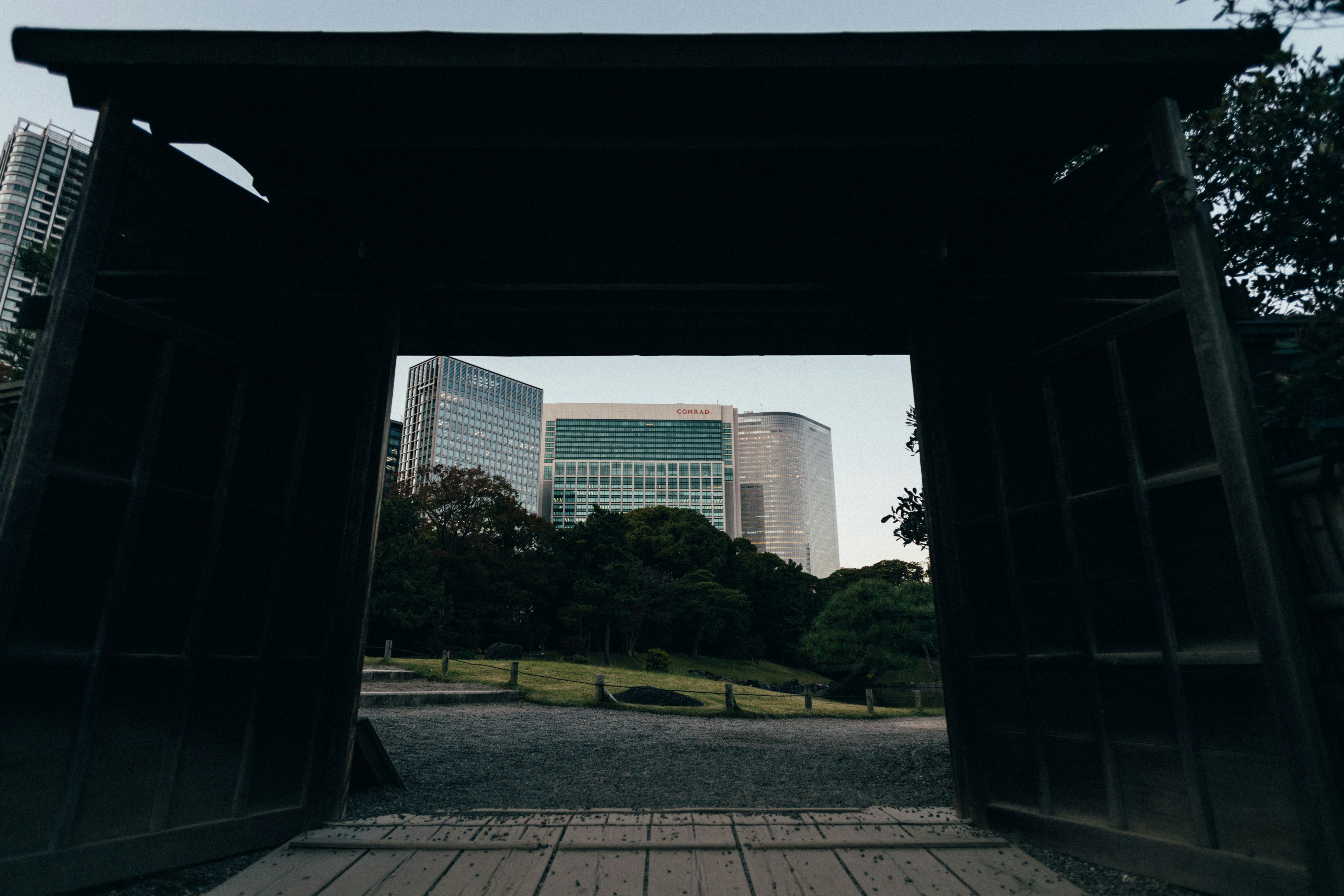 A gate frames a cityscape.